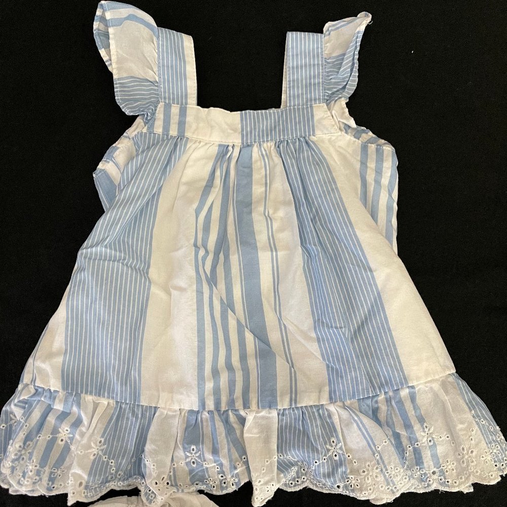 Blue and White Linen Looking Dress with Sewn detai